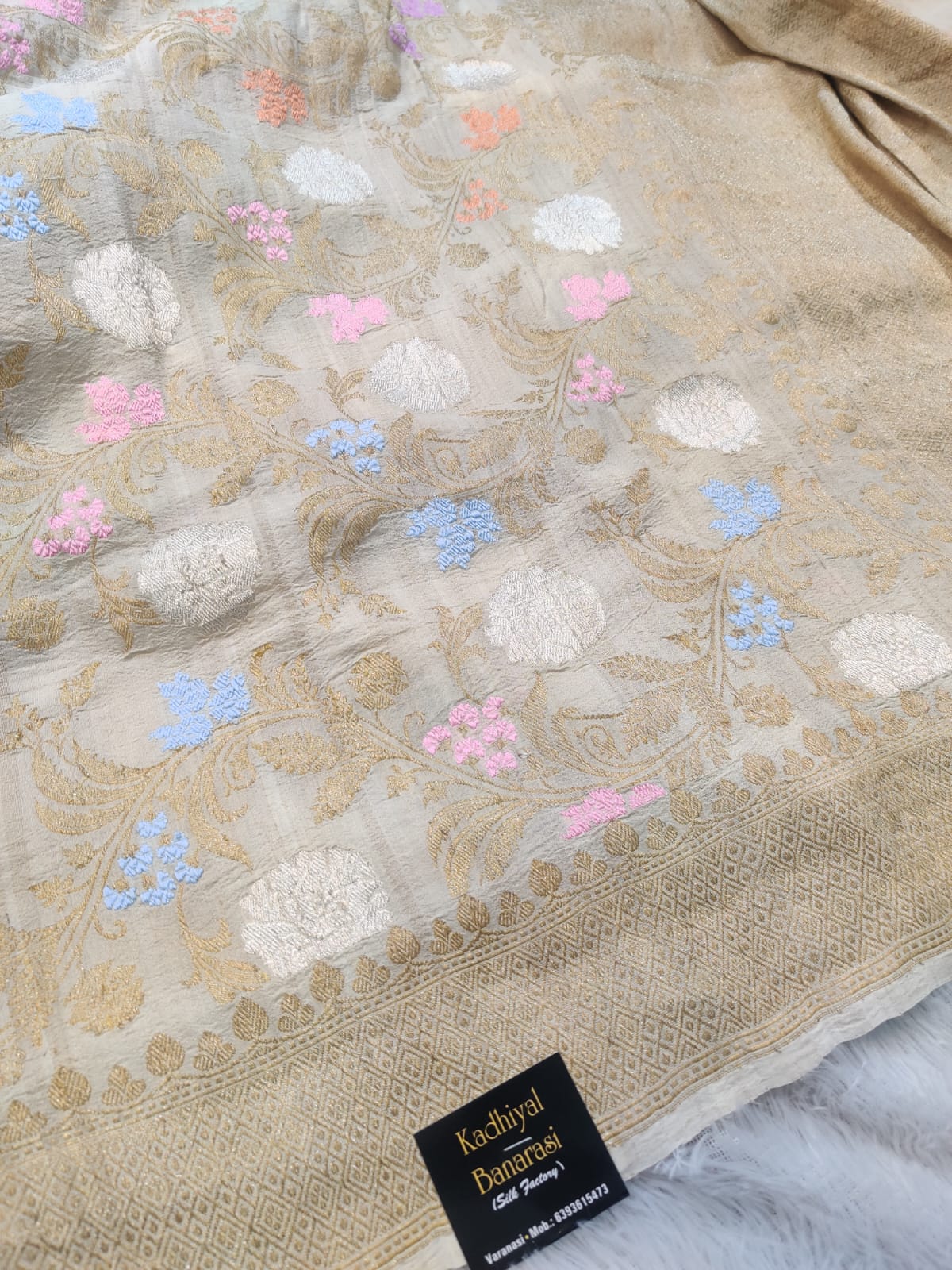 Banarasi Khaddi Tussar Silk Saree – Pastel Floral Jangla with Rich Zari Border