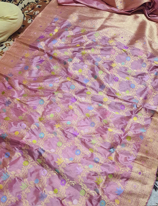 Banarasi Handloom Katan Silk Jangla Kadua Designer Saree – Multicolor Floral Zari Weave