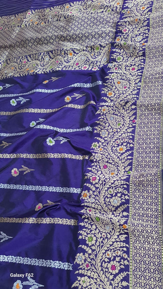 Banarasi Handloom Katan Silk Jangla Kadua Designer Saree – Royal Blue Floral Zari
