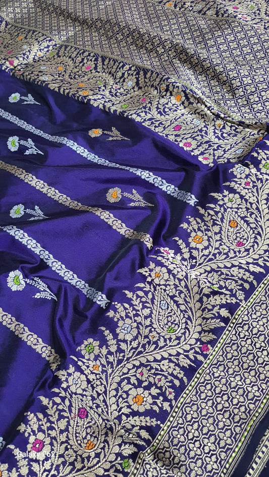 Banarasi Handloom Katan Silk Jangla Kadua Designer Saree – Royal Blue Floral Zari