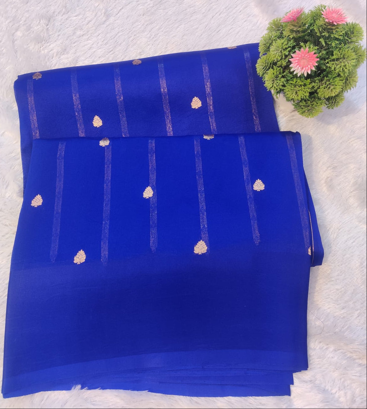 Banarasi Royal Blue Pure Kora Organza Handwoven Saree with Zari Stripes & Buti
