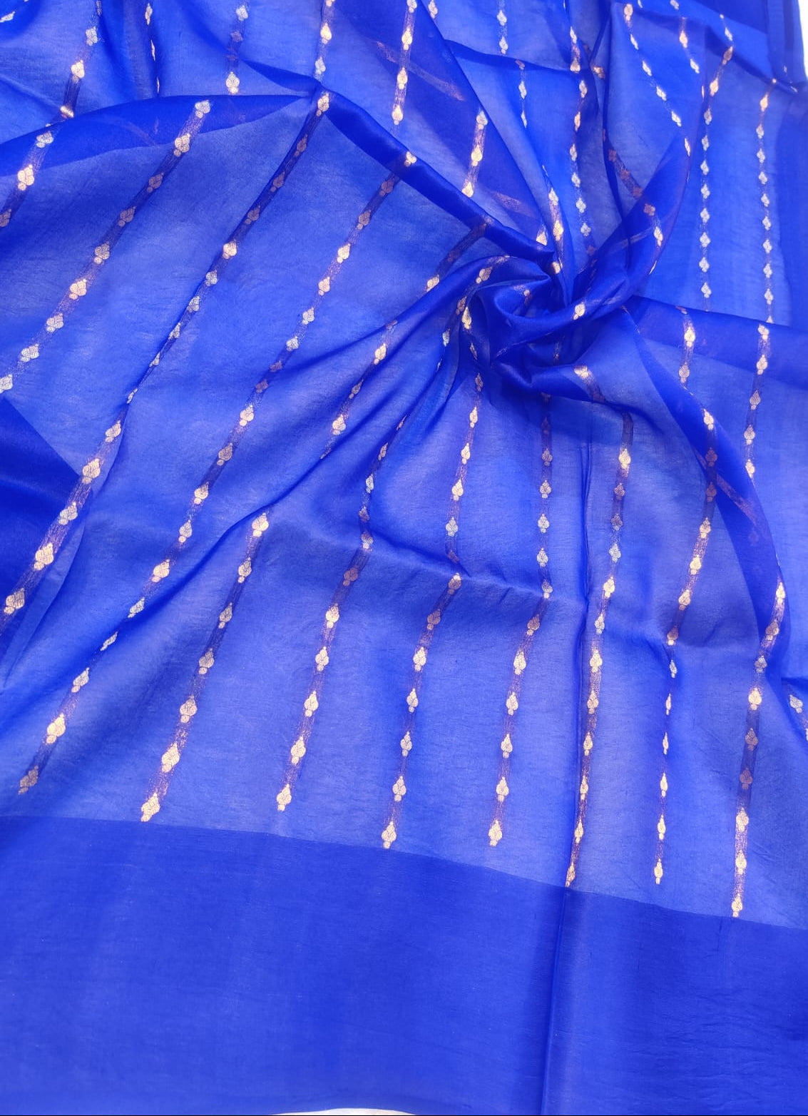 Banarasi Royal Blue Pure Kora Organza Handwoven Saree with Zari Stripes & Buti