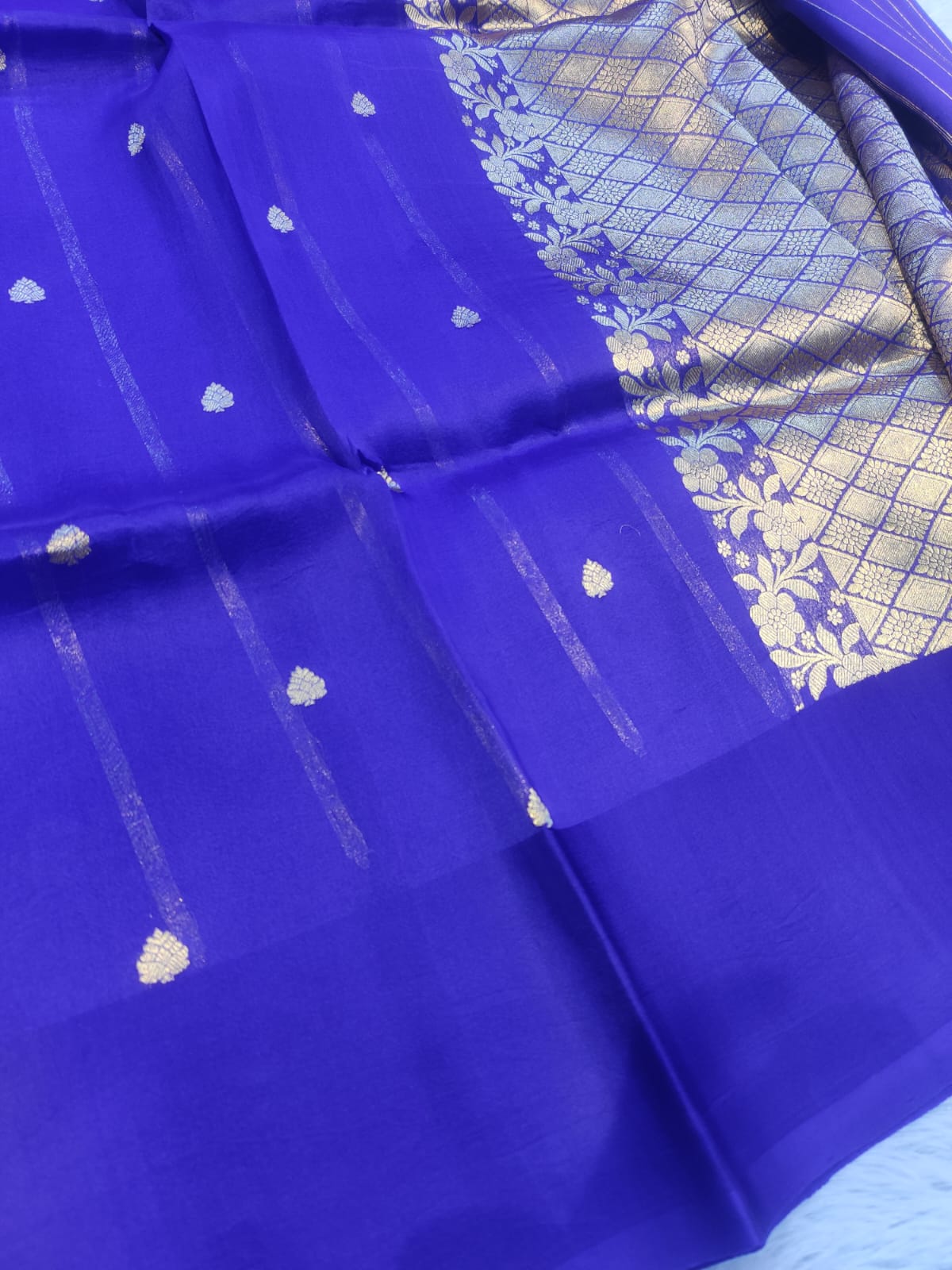 Banarasi Royal Blue Pure Kora Organza Handwoven Saree with Zari Stripes & Buti