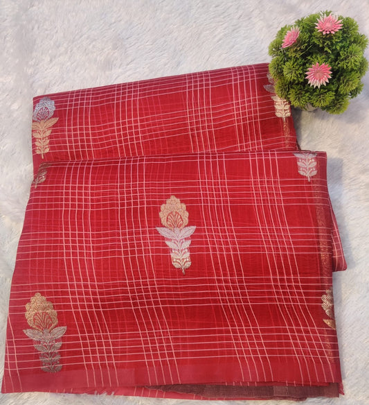 Banarasi Pure Kora Organza Handwoven Red Saree with Floral Buti & Checkered Stripes