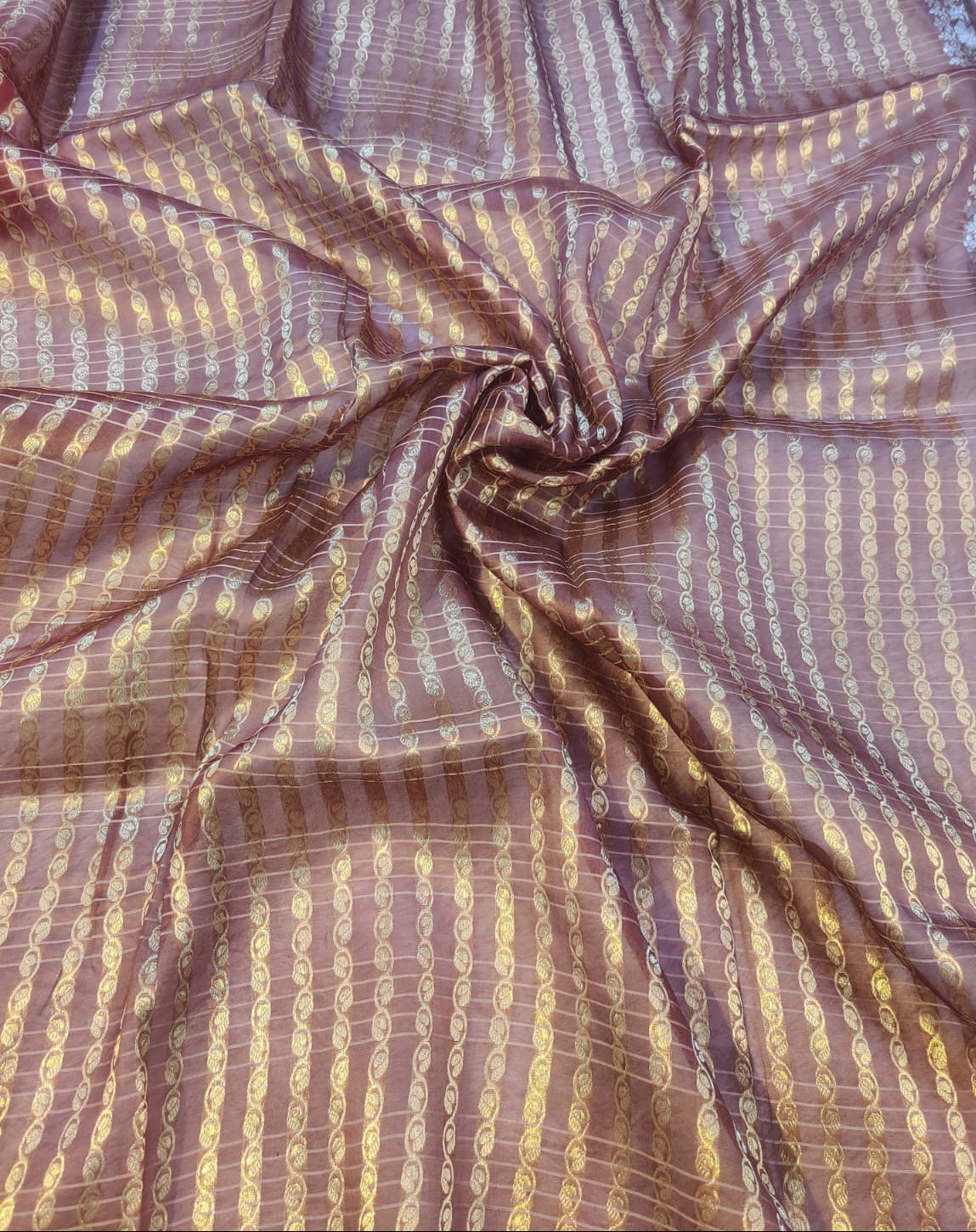 Banarasi Pure Kora Organza Handwoven Red Saree with Floral Buti & Checkered Stripes