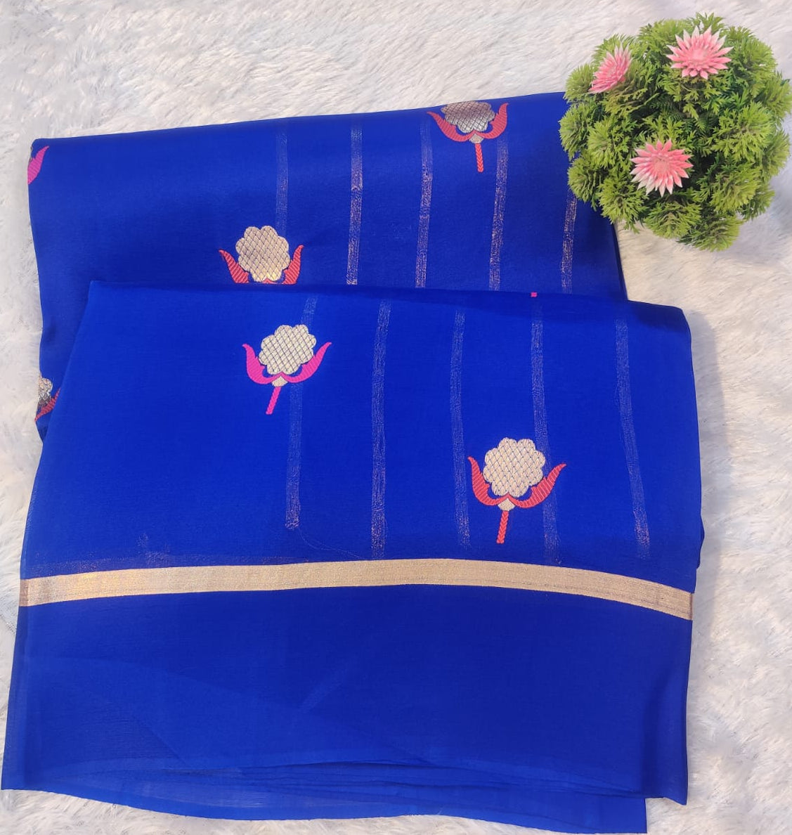 Banarasi Pure Kora Organza Handwoven Royal Blue Saree with Floral Buti & Zari Border