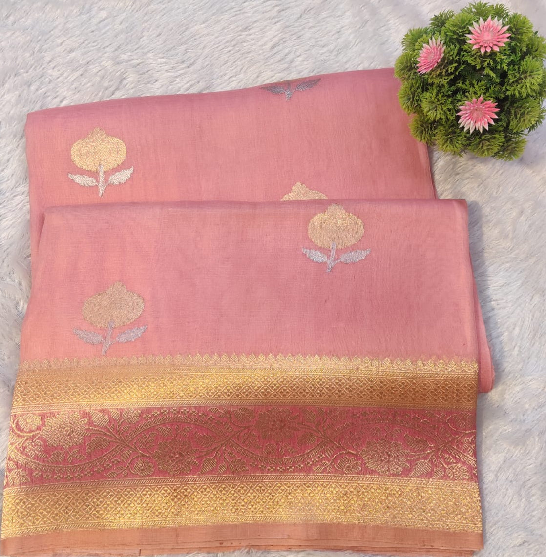 Banarasi Pure Kora Organza Handwoven Peach Pink Saree with Floral Buti & Rich Zari Border