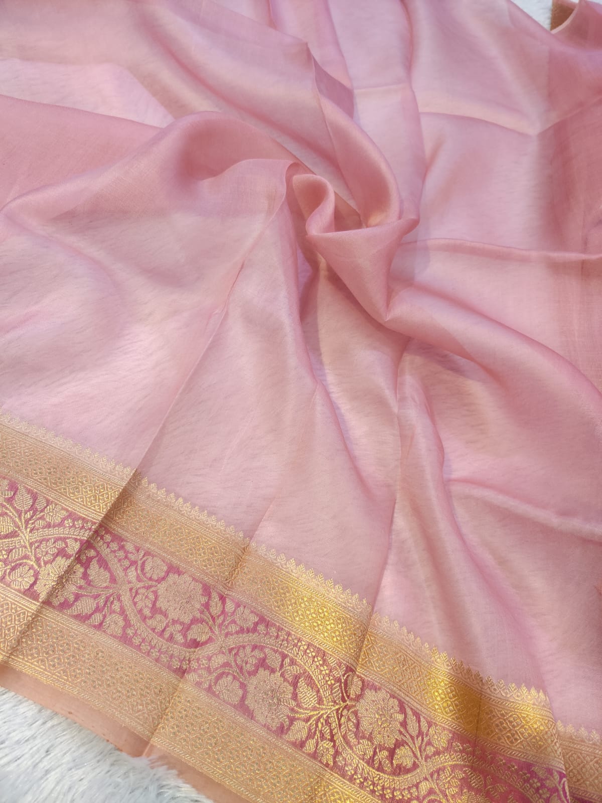 Banarasi Pure Kora Organza Handwoven Peach Pink Saree with Floral Buti & Rich Zari Border