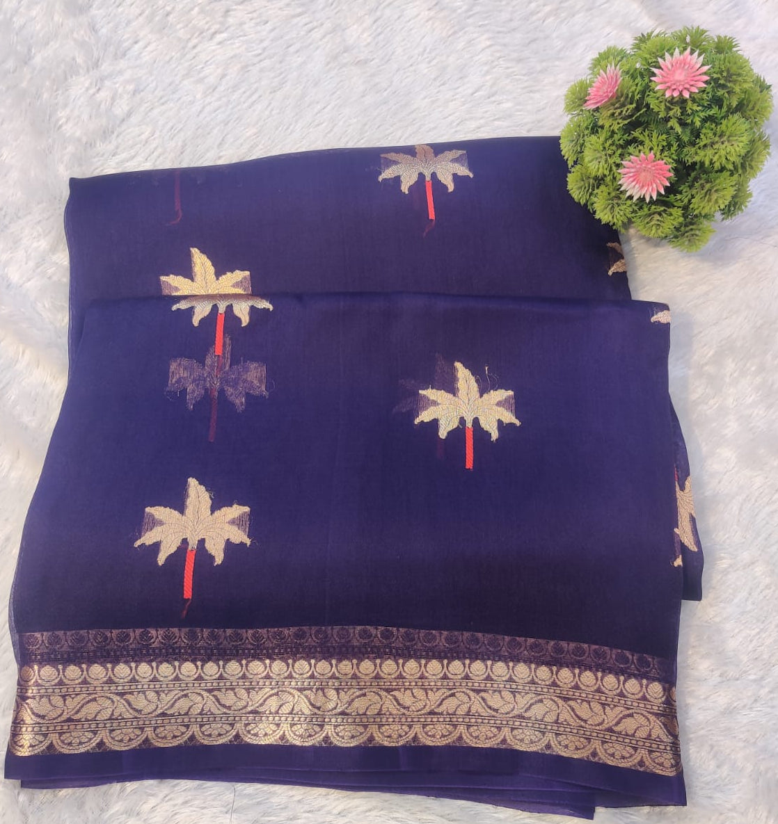 Banarasi Pure Kora Organza Handwoven Navy Blue Saree with Palm Tree Buti & Zari Border