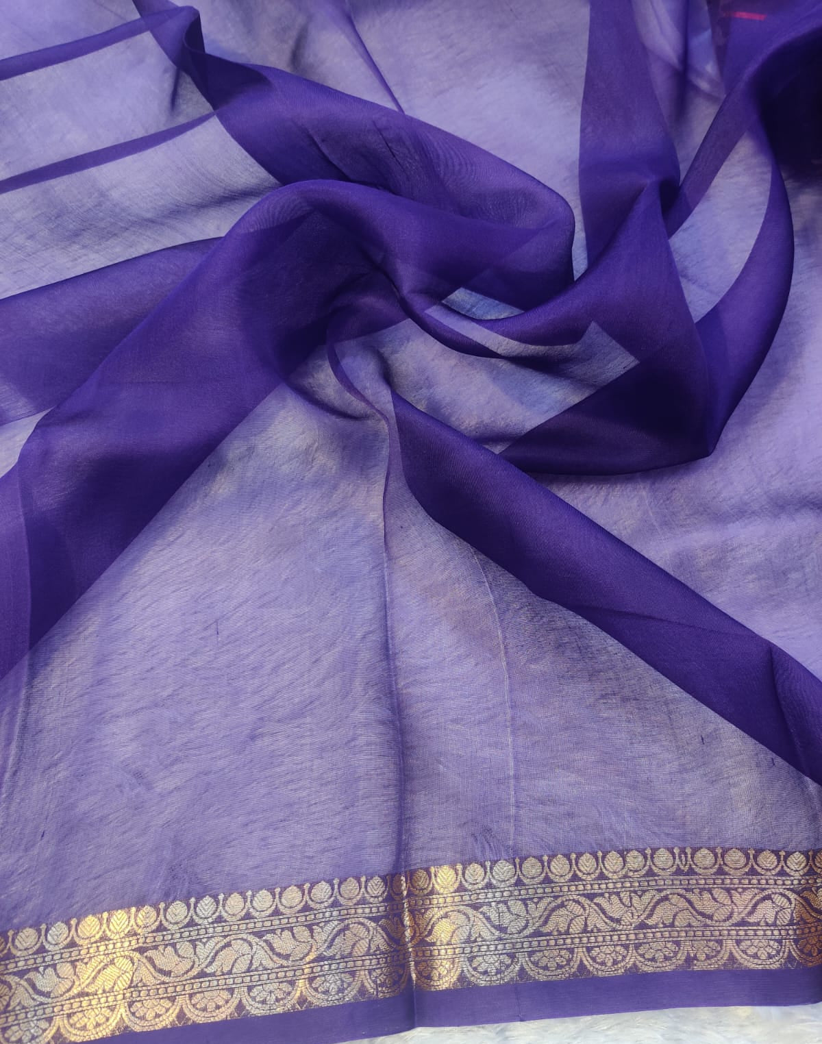 Banarasi Pure Kora Organza Handwoven Navy Blue Saree with Palm Tree Buti & Zari Border
