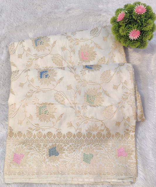 Banarasi Premium Katan Silk Handloom Kadua Jangla Saree with Multicolor Floral Weave