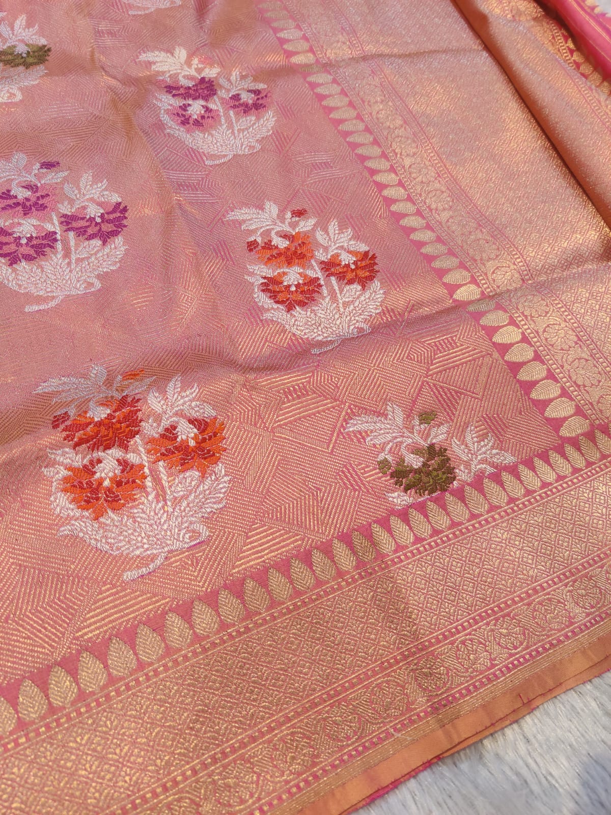 Banarasi Premium Katan Silk Handloom Kadua Jangla Saree with Multicolor Floral Meena