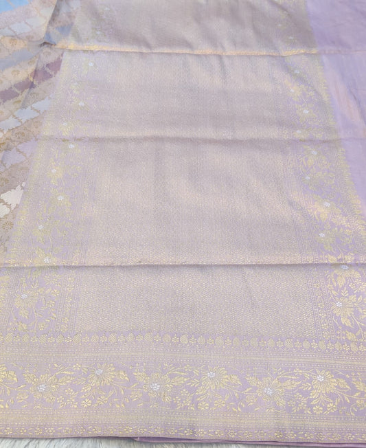 Banarasi Premium Katan Silk Handloom Kadua Jangla Saree with Pastel Meena & Floral Zari Border