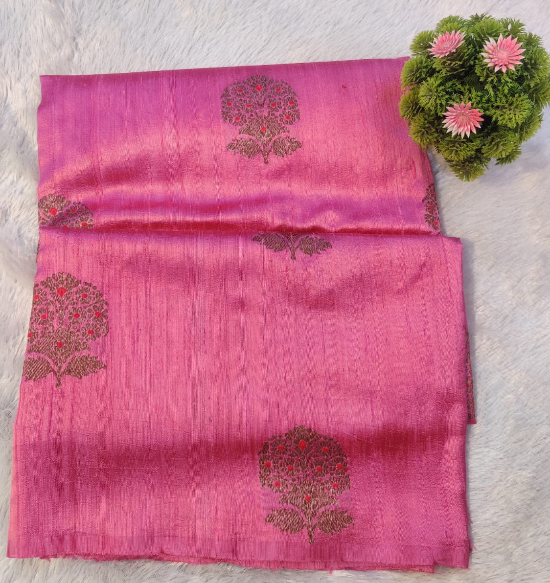 Banarasi 100% Pure Raw Silk Handloom Pink Tree Buti Saree