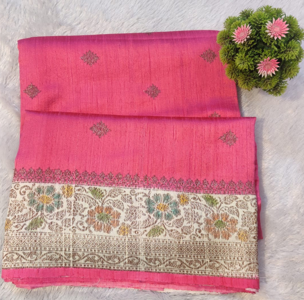 Banarasi 100% Pure Raw Silk Handloom Pink Floral Border Saree