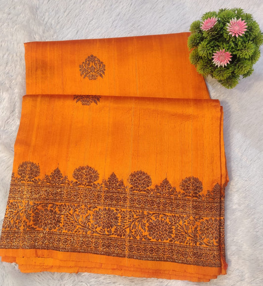 Banarasi 100% Pure Raw Silk Handloom Orange Floral Tree Border Saree
