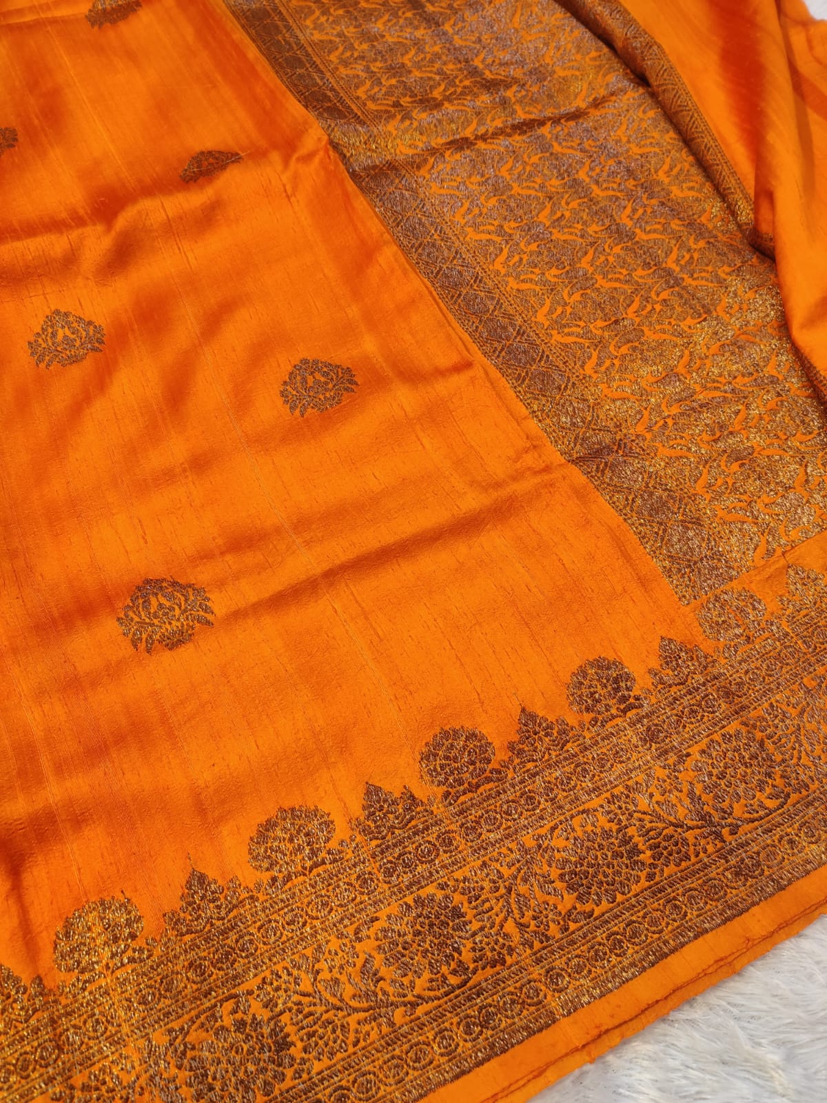Banarasi 100% Pure Raw Silk Handloom Orange Floral Tree Border Saree