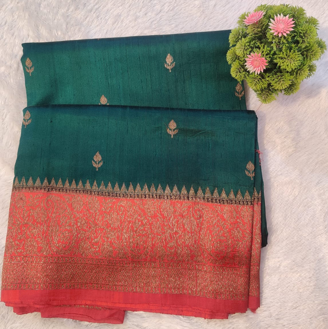 Banarasi 100% Pure Raw Silk Handloom Bottle Green Coral Zari Border Saree