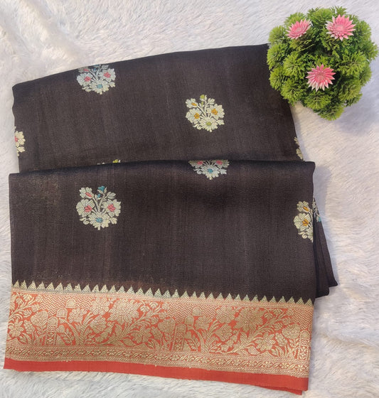 Banarasi Pure 100% Khaddi Tussar Georgette Handloom Kadua Floral Buti Saree