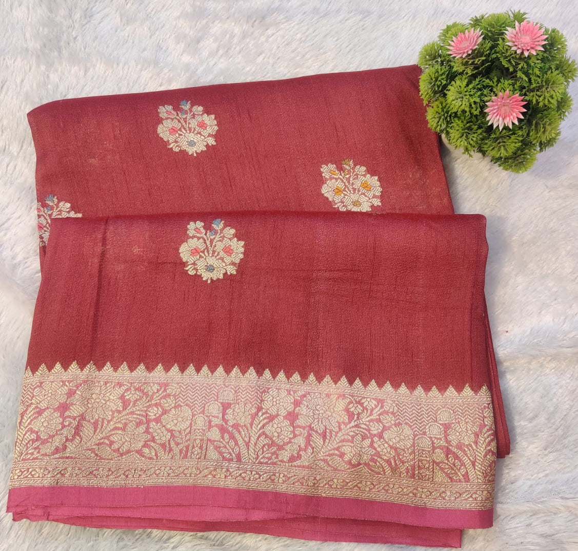 Banarasi Pure 100% Khaddi Tussar Georgette Handloom Kadua Floral Buti Saree