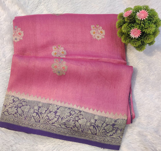 Banarasi Pure 100% Khaddi Tusser Georgette Handloom Kadua Saree – Rose Pink with Purple Zari Floral Border