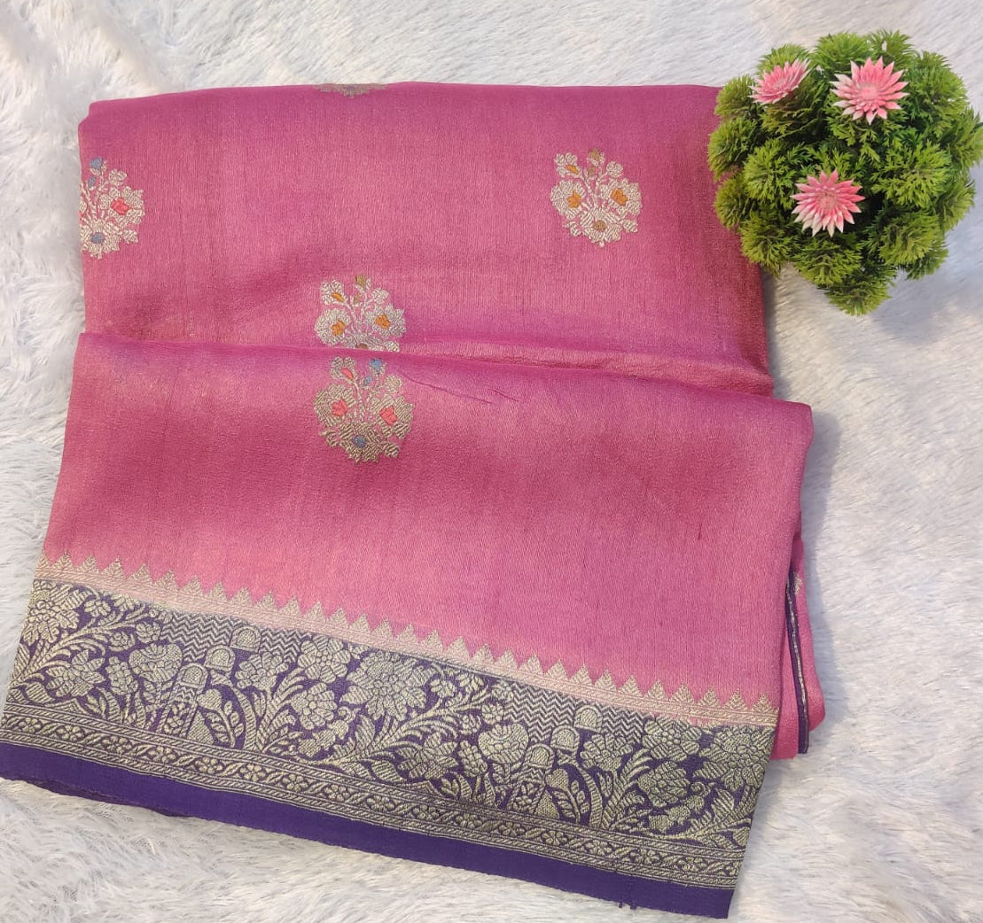 Banarasi Pure 100% Khaddi Tusser Georgette Handloom Kadua Saree – Rose Pink with Purple Zari Floral Border