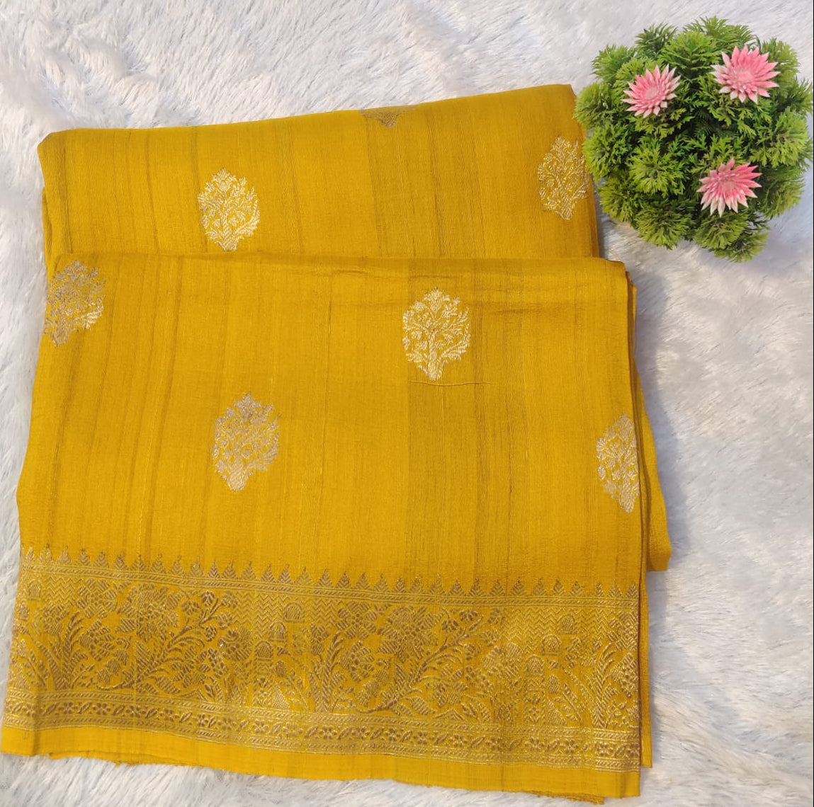Banarasi Pure 100% Khaddi Tusser Georgette Handloom Kadua Saree – Mustard Yellow with Zari Tree Butis & Floral Border