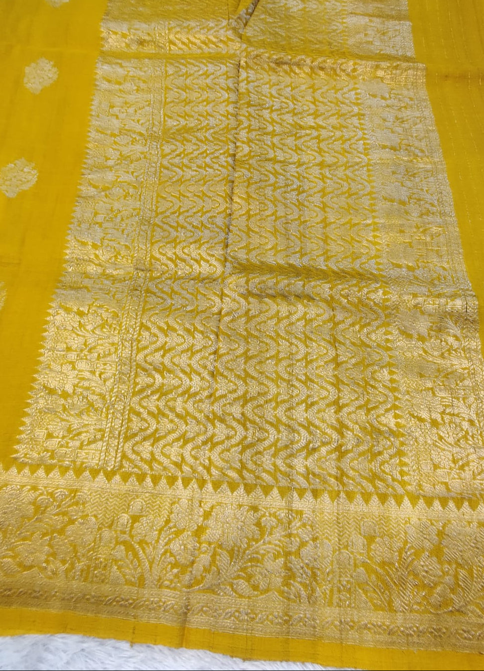 Banarasi Pure 100% Khaddi Tusser Georgette Handloom Kadua Saree – Mustard Yellow with Zari Tree Butis & Floral Border