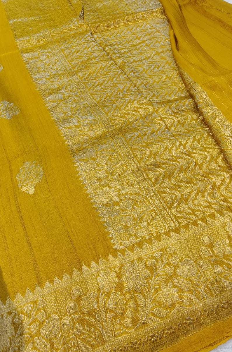 Banarasi Pure 100% Khaddi Tusser Georgette Handloom Kadua Saree – Mustard Yellow with Zari Tree Butis & Floral Border