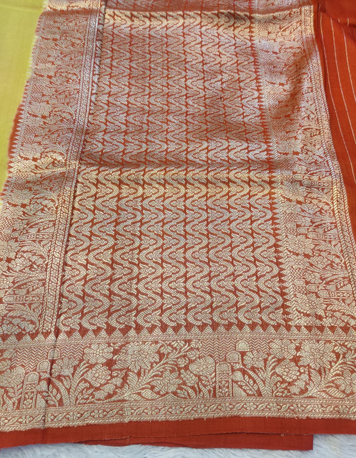 Banarasi Pure 100% Khaddi Tussar Georgette Handloom Kadua Saree – Golden Yellow Floral Buti with Antique Zari Border