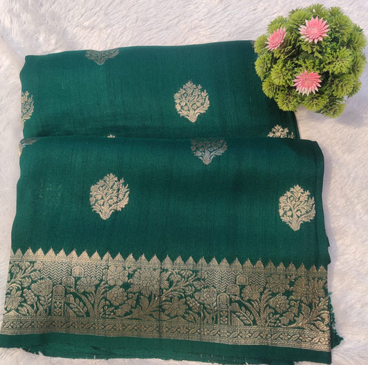 Banarasi Pure 100% Khaddi Tusser Georgette Handloom Kadua Saree – Emerald Green Floral Jaal