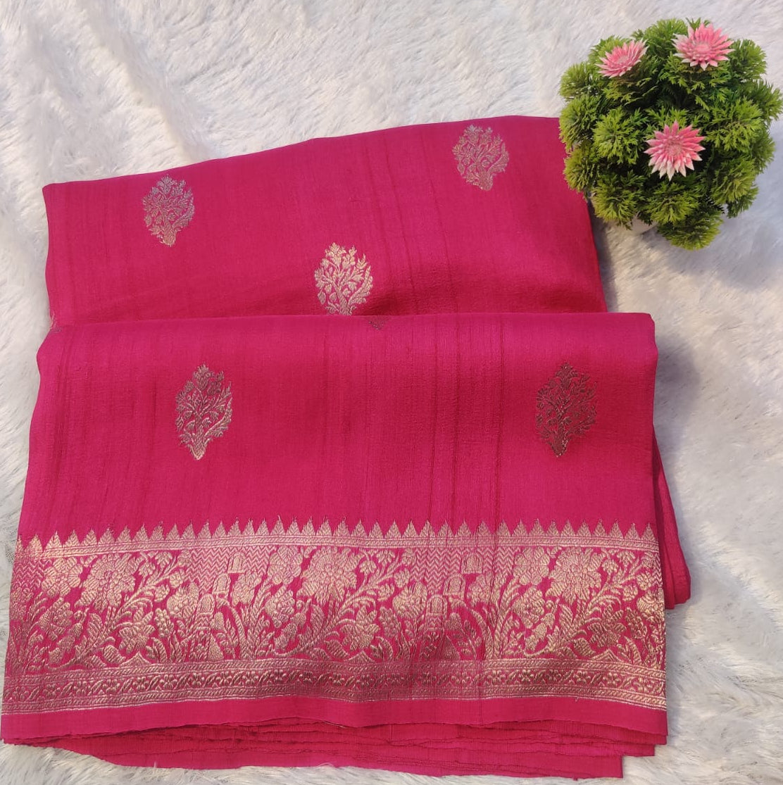 Banarasi Pure 100% Khaddi Tusser Georgette Handloom Kadua Saree – Rani Pink Floral Zari