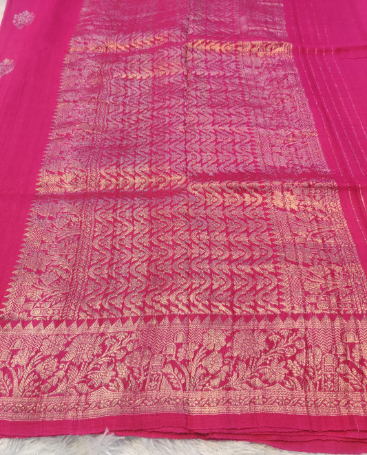 Banarasi Pure 100% Khaddi Tusser Georgette Handloom Kadua Saree – Rani Pink Floral Zari