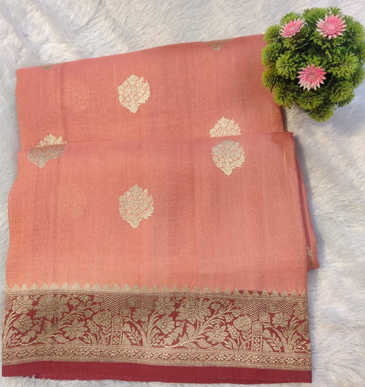 Banarasi Peach Pink Pure Khaddi Tusser Georgette Handloom Kadua Saree with Floral Zari Border