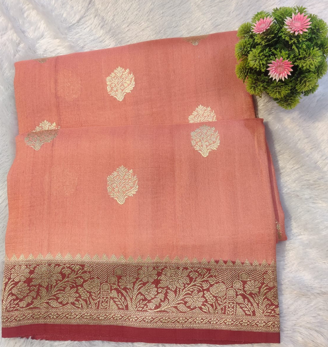 Banarasi Peach Pink Pure Khaddi Tusser Georgette Handloom Kadua Saree with Floral Zari Border