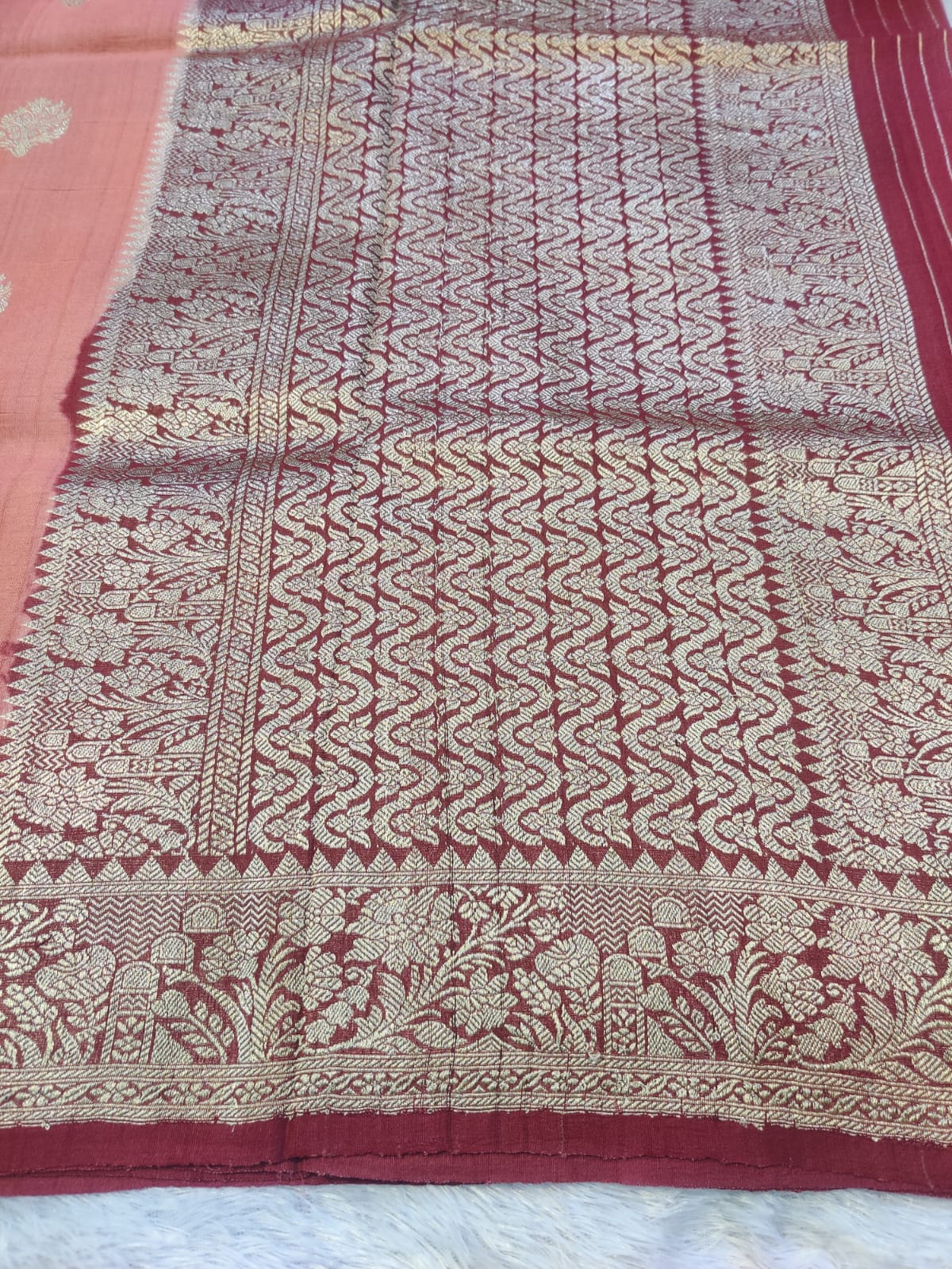 Banarasi Peach Pink Pure Khaddi Tusser Georgette Handloom Kadua Saree with Floral Zari Border