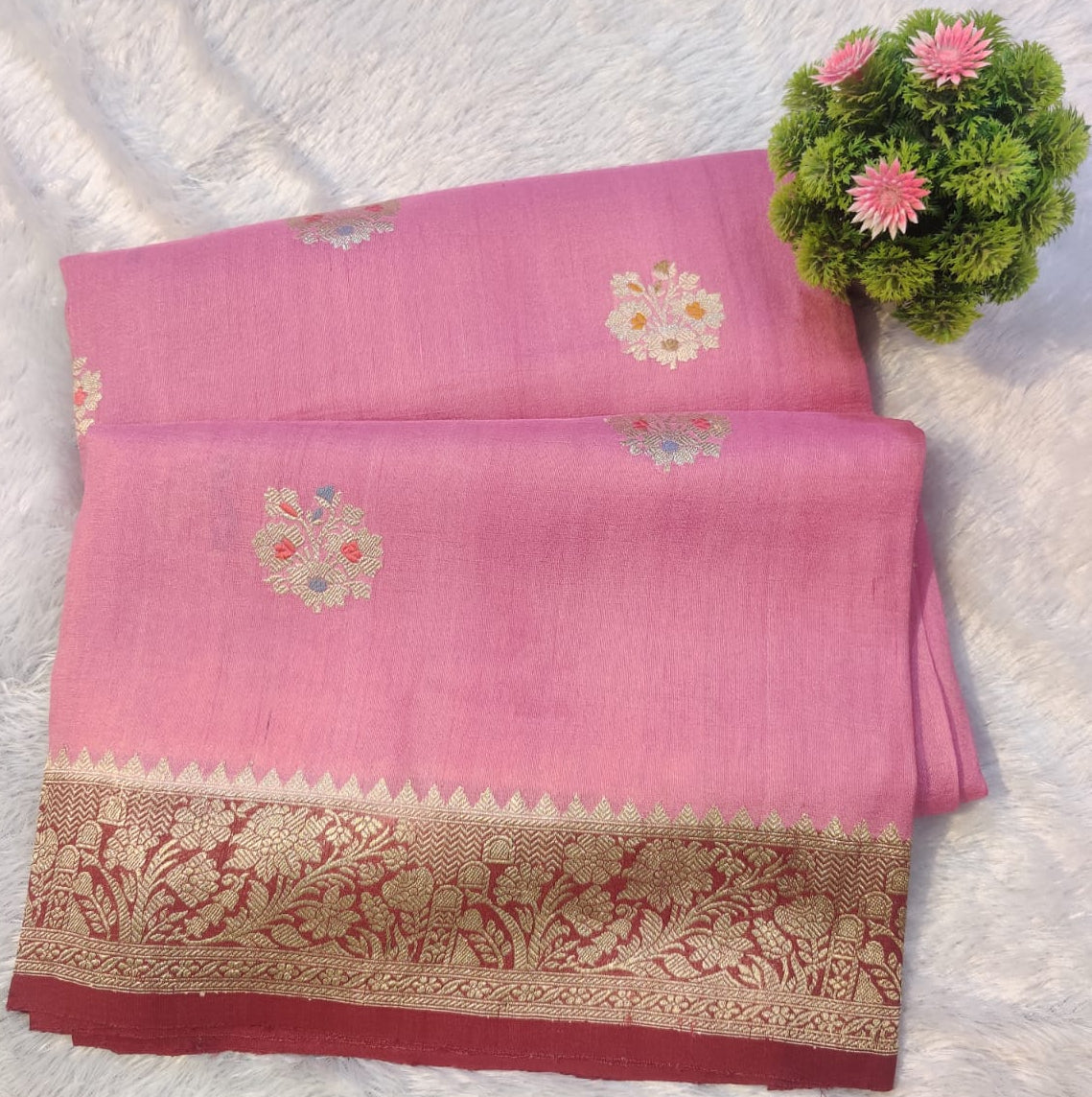 Banarasi Pink Pure Khaddi Tusser Georgette Handloom Kadua Saree with Multicolour Buti & Maroon Floral Zari Border