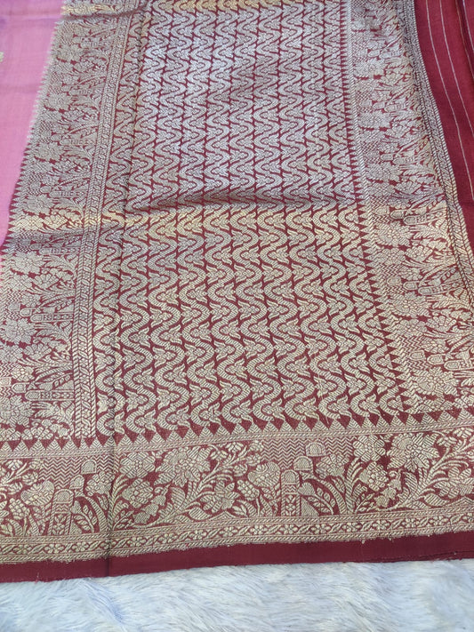 Banarasi Pink Pure Khaddi Tusser Georgette Handloom Kadua Saree with Multicolour Buti & Maroon Floral Zari Border