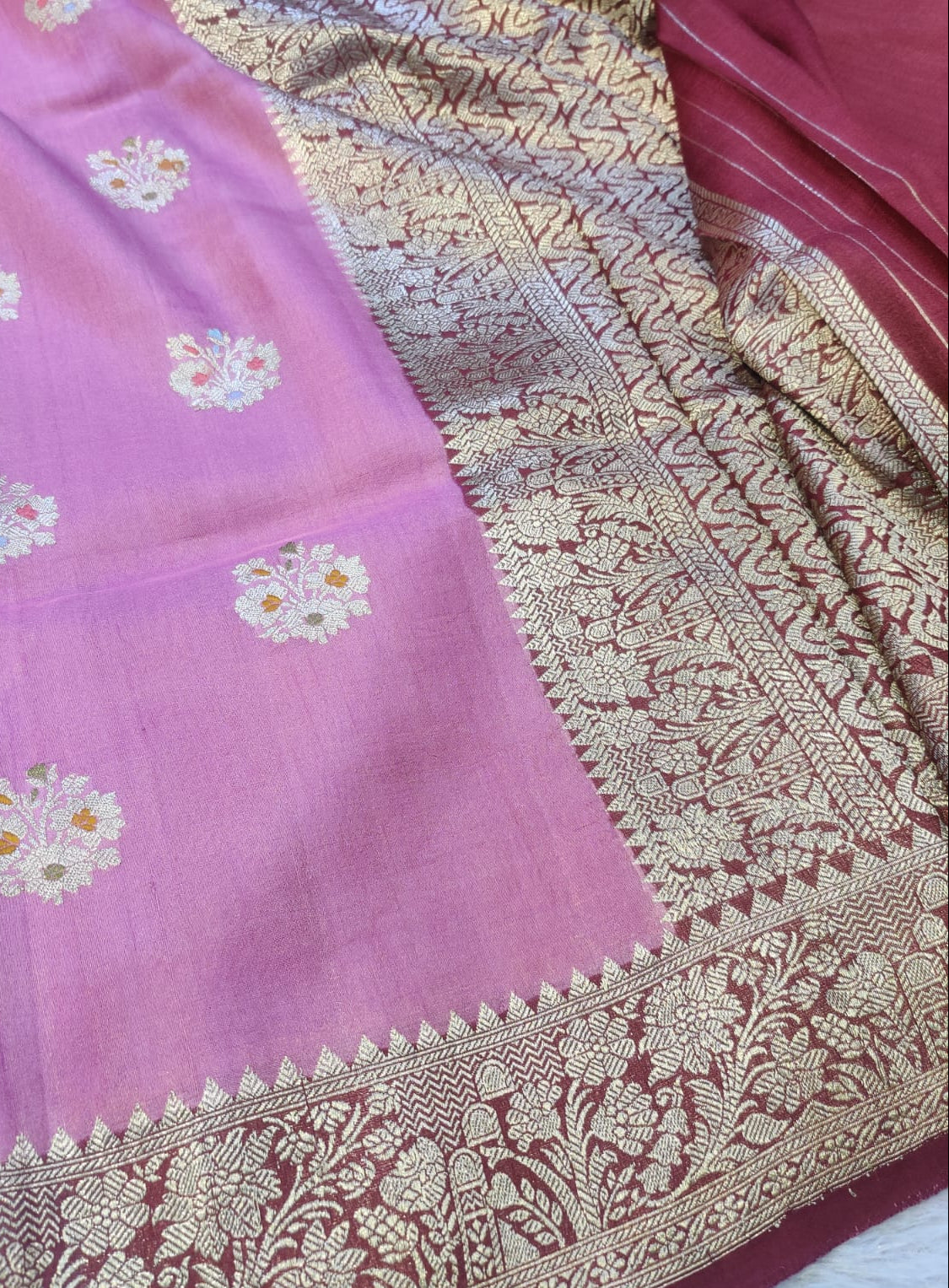 Banarasi Pink Pure Khaddi Tusser Georgette Handloom Kadua Saree with Multicolour Buti & Maroon Floral Zari Border