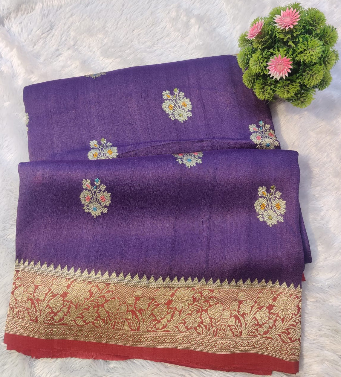 Banarasi Royal Purple Pure Khaddi Tusser Georgette Handloom Kadua Saree with Multicolour Buti & Maroon Zari Border