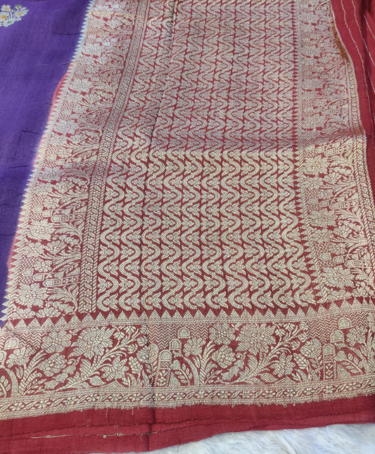 Banarasi Royal Purple Pure Khaddi Tusser Georgette Handloom Kadua Saree with Multicolour Buti & Maroon Zari Border