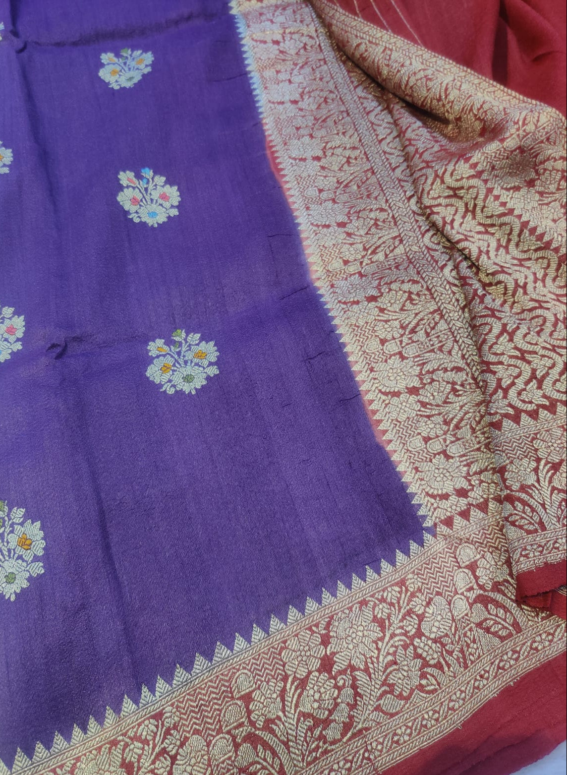 Banarasi Royal Purple Pure Khaddi Tusser Georgette Handloom Kadua Saree with Multicolour Buti & Maroon Zari Border