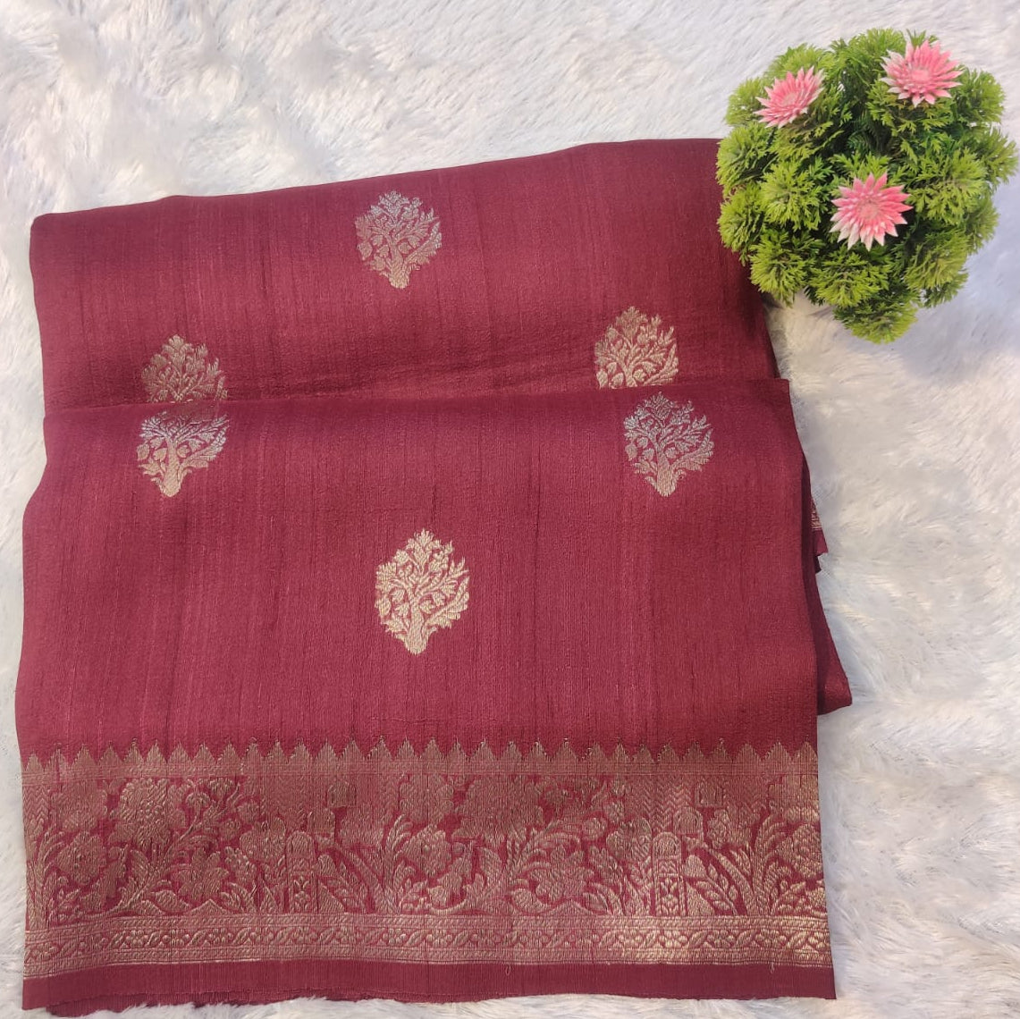 Banarasi Pure Khaddi Tussar Georgette Handloom Kadua Saree – Wine Maroon with Antique Zari Floral Border