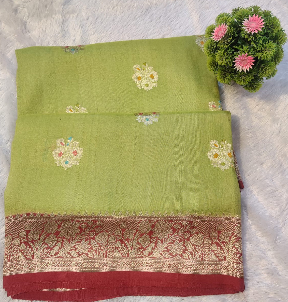 Banarasi Pure Khaddi Tussar Georgette Handloom Kadua Saree – Pistachio Green with Multicolour Floral Buta & Antique Zari Border