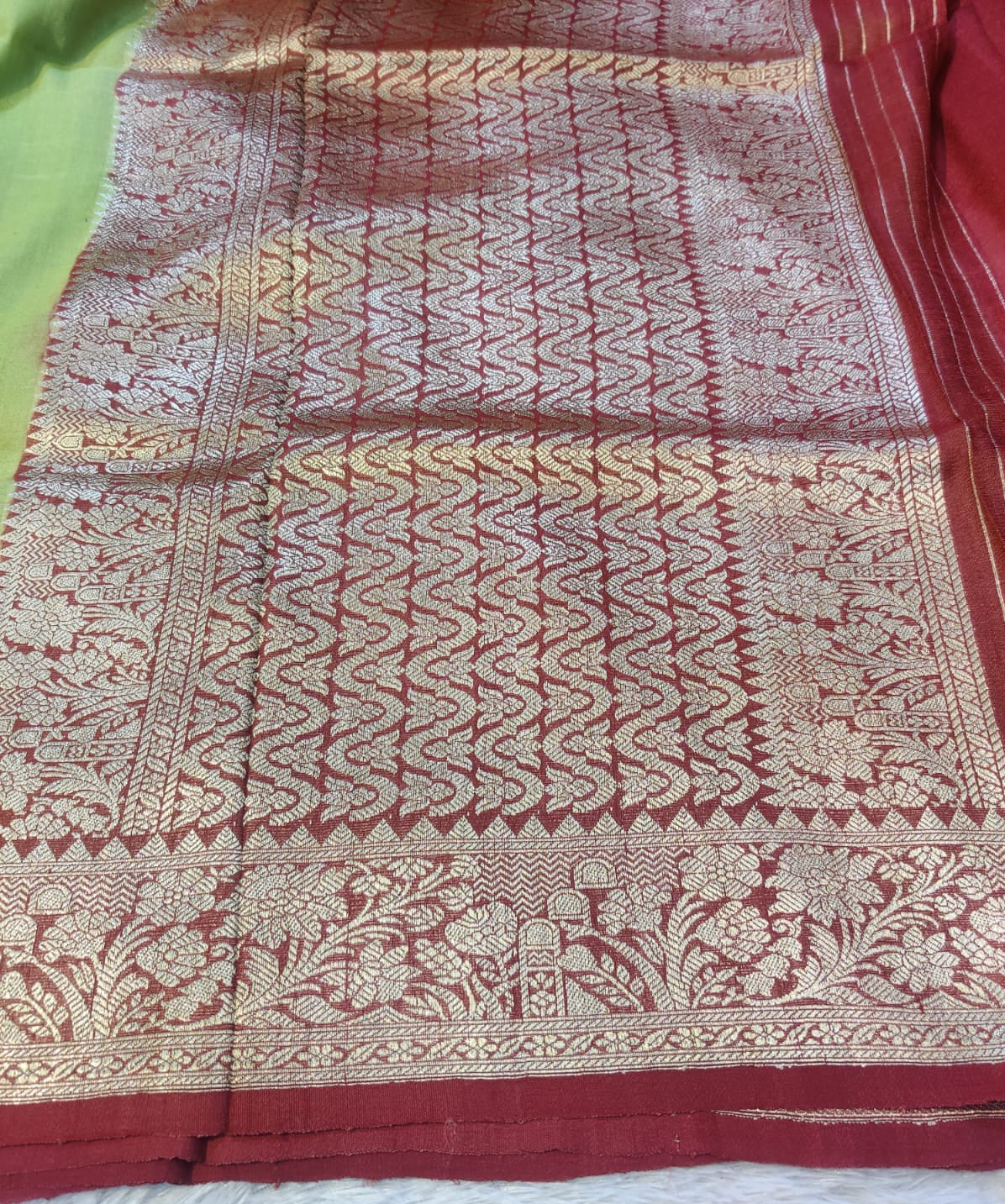 Banarasi Pure Khaddi Tussar Georgette Handloom Kadua Saree – Pistachio Green with Multicolour Floral Buta & Antique Zari Border
