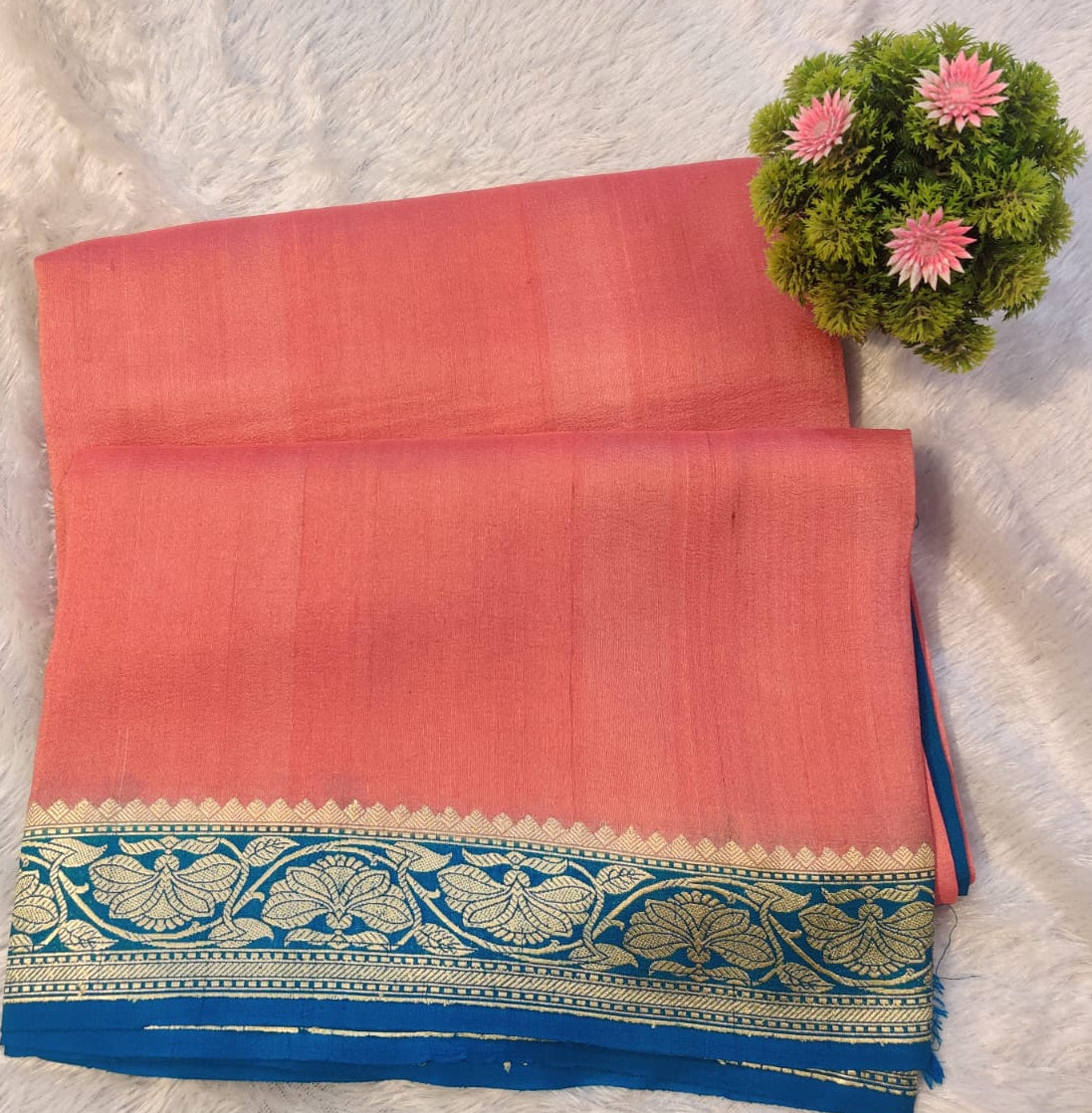 Handloom Pure Khaddi Tussar Georgette Banarasi Kadwa Saree in Coral Pink and Royal Blue