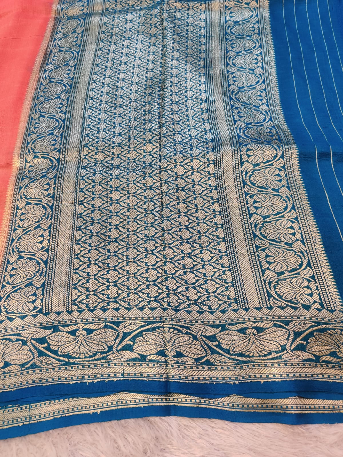 Handloom Pure Khaddi Tussar Georgette Banarasi Kadwa Saree in Coral Pink and Royal Blue