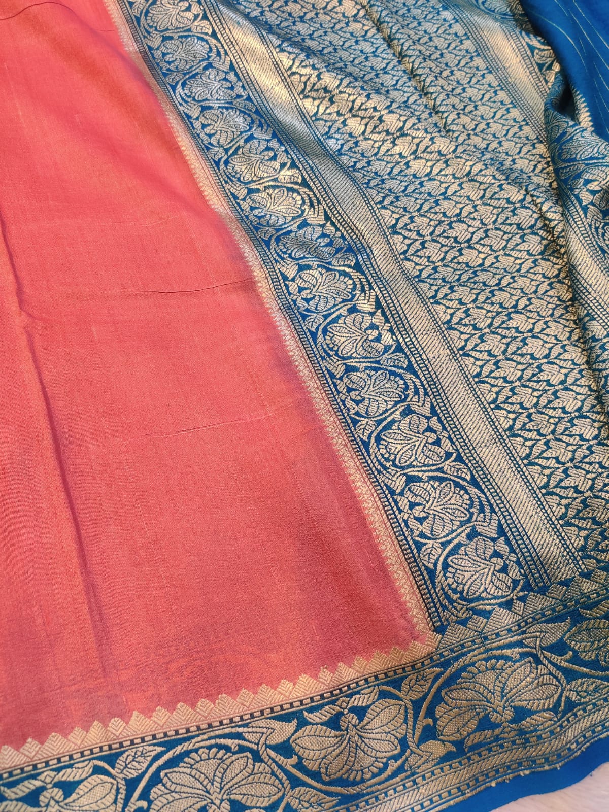 Handloom Pure Khaddi Tussar Georgette Banarasi Kadwa Saree in Coral Pink and Royal Blue