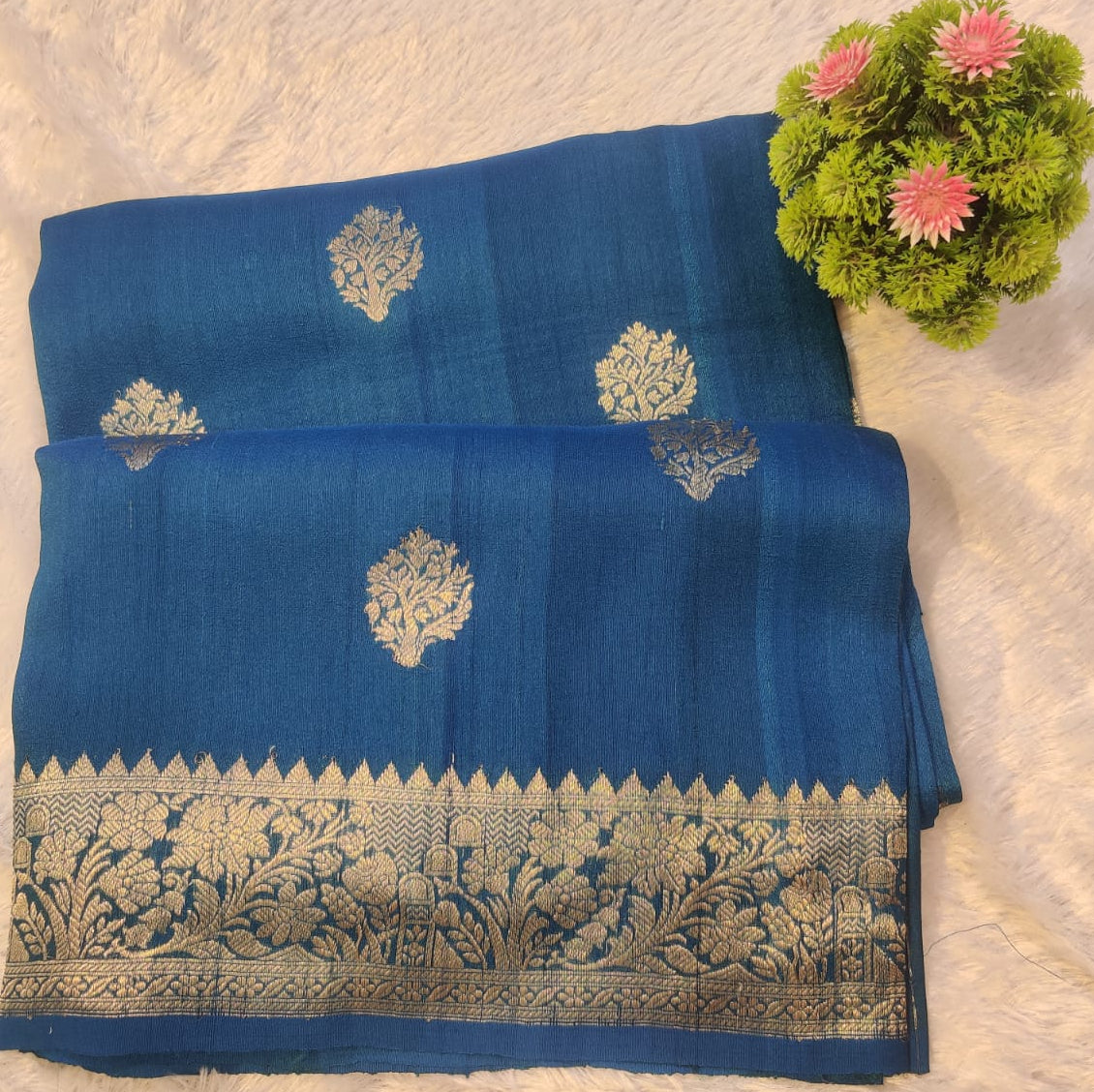 Banarasi Handloom 100% Pure Khaddi Tussar Georgette Kadwa Saree in Teal Blue