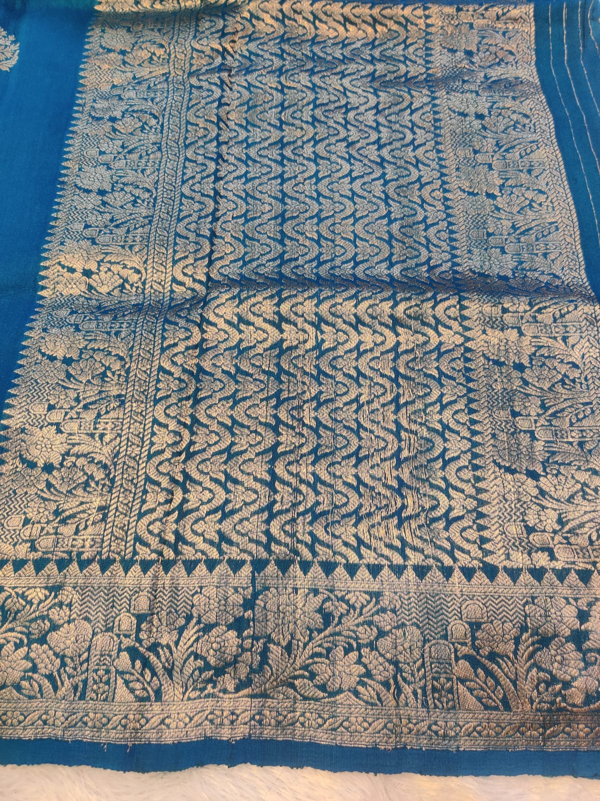 Banarasi Handloom 100% Pure Khaddi Tussar Georgette Kadwa Saree in Teal Blue